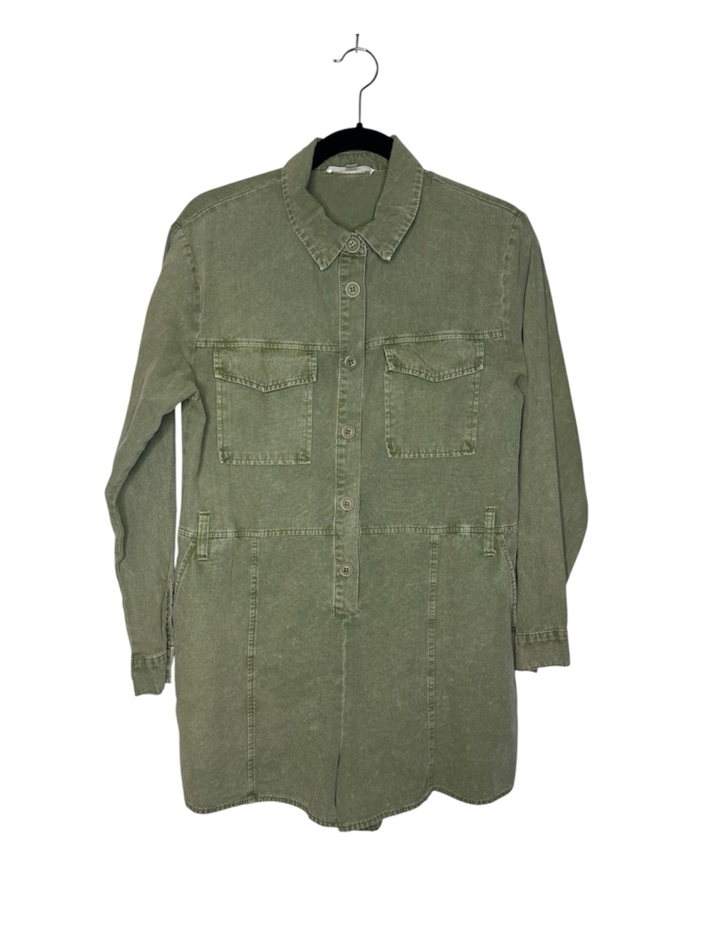 Lalavon womens M olive green cotton long sleeve denim romper boho western